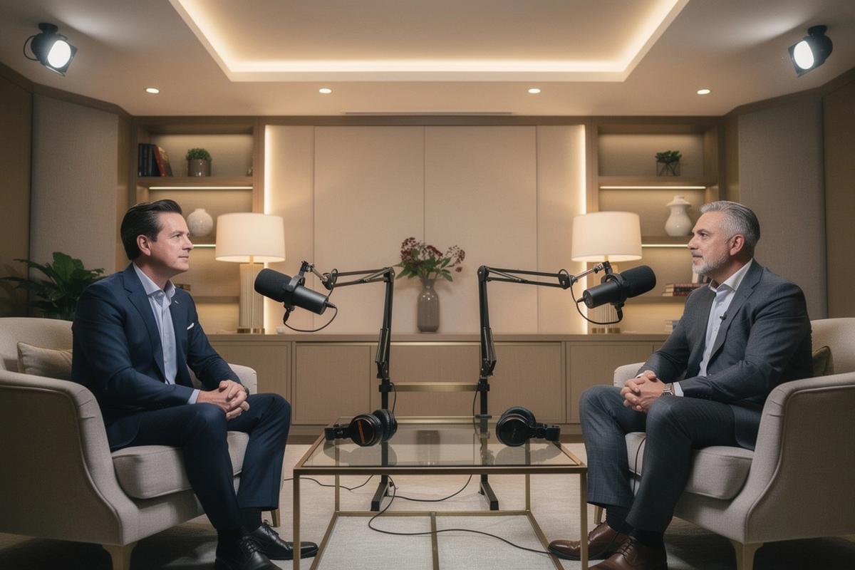 Executive podcast studio with elegant interview set, premium chairs, microphones and cinematic lighting