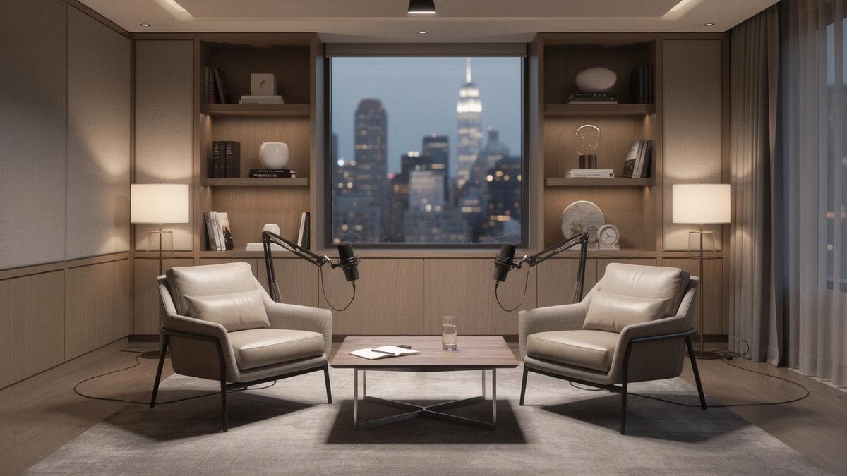 Executive podcast studio with premium lighting, modern seating and refined corporate ambiance