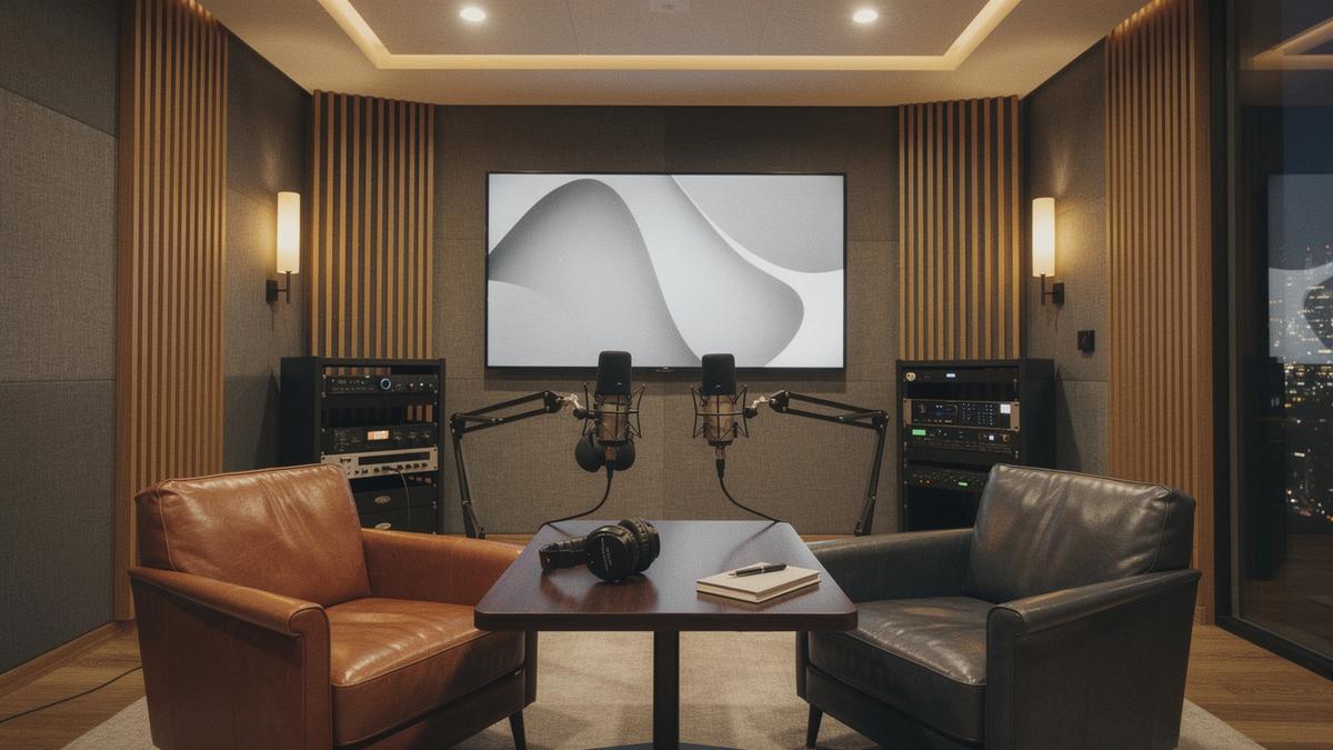 Mood shot of premium executive podcast studio interior